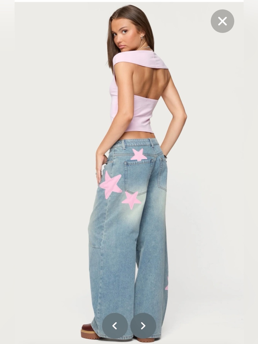 Edikted Blue Wide-Leg Jeans with Pink Star Details
